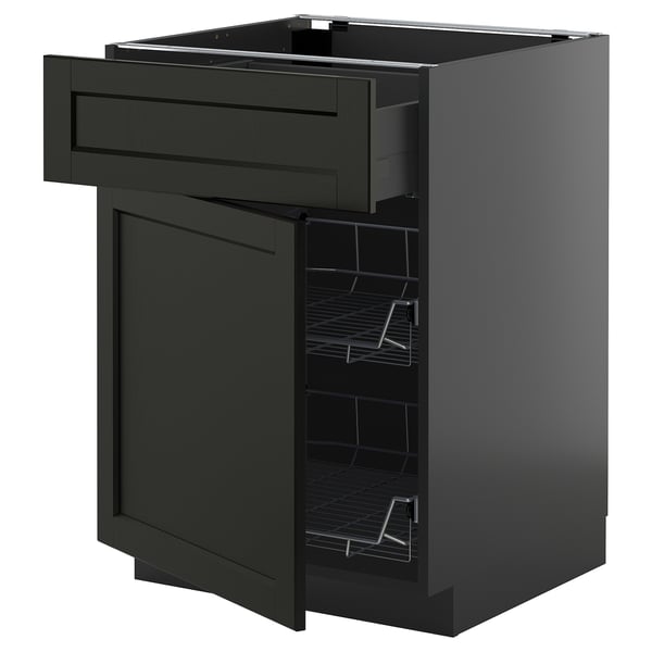 Black METOD kitchen unit with bevelled drawers and shelves, dark wood finish.
