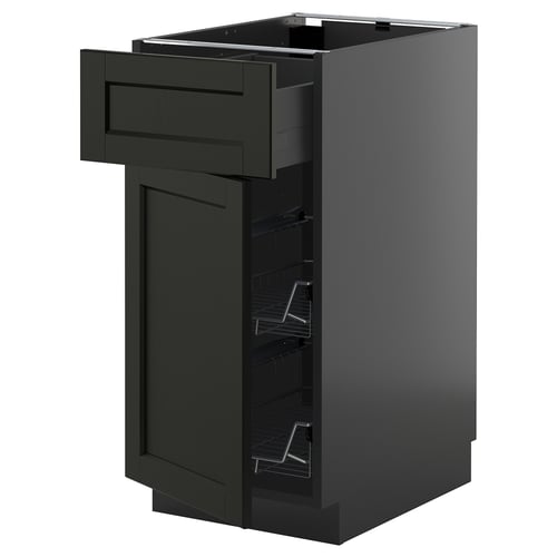 Dark gray modern kitchen cabinet with drawer and open shelves. METOD brand, wood and steel.