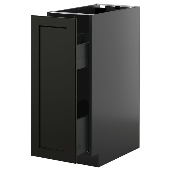 Modern black kitchen cabinet with single pull-out shelf, sleek design.
