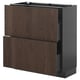 Dark brown kitchen cabinet with drawer, sleek design, solid wood edges, 3 compartments.