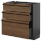 Wooden kitchen unit: dark brown, four drawers, grey base, modern and sleek.