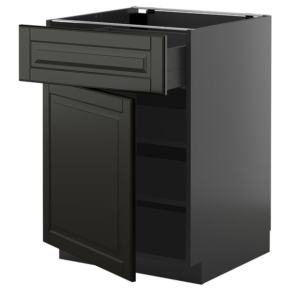 Black kitchen cabinet with drawer in dark grey finish, rectangular shape, modern design.