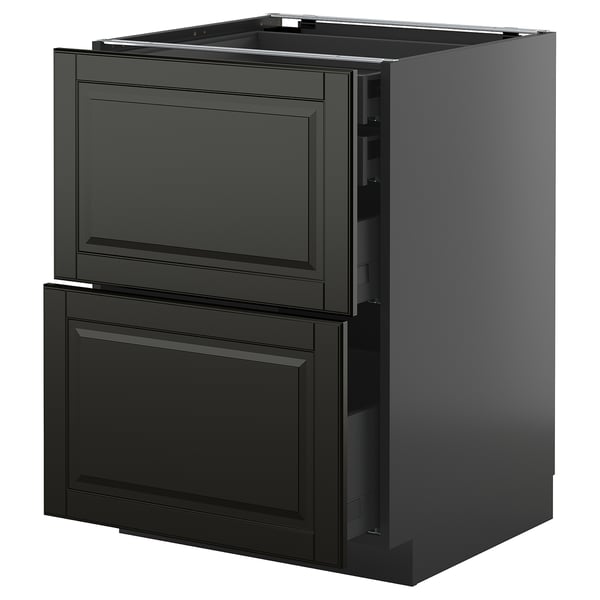Modern black kitchen cabinet with two drawers and beveled edges.