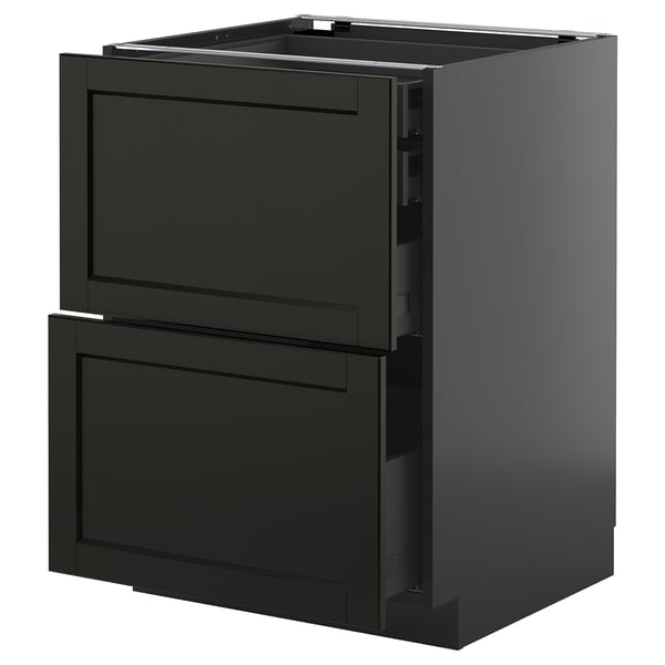 METOD black kitchen cabinet with two pulled-out drawers, sleek modern design.