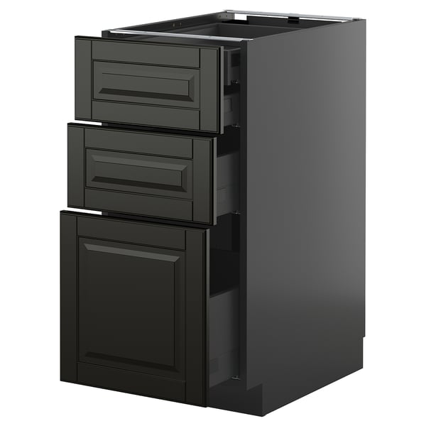 A black METOD kitchen cabinet with three drawers and one door, featuring sleek, modern design.