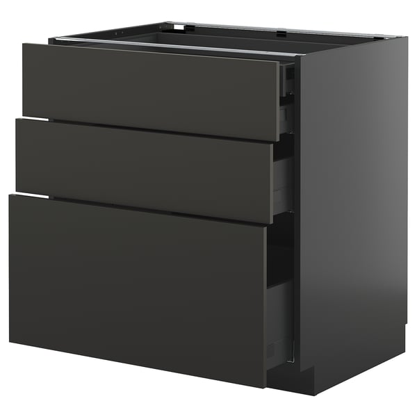 Modern black METOD kitchen unit with three drawers.