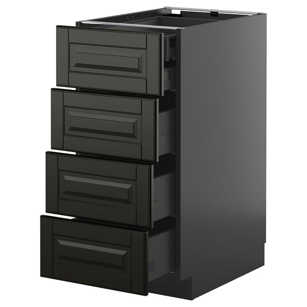 Modern black kitchen cabinet with four drawers and sleek beveled edges.