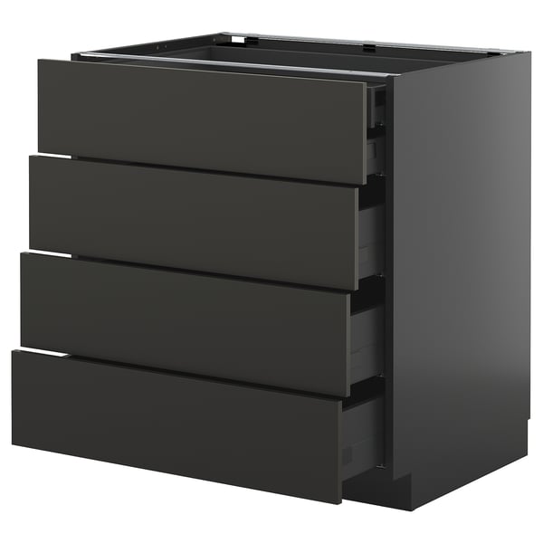Modern black kitchen unit with four drawers, sleek and stylish design.