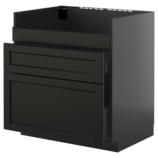 Black kitchen cabinet with three drawers, modern design, ash wood finish.