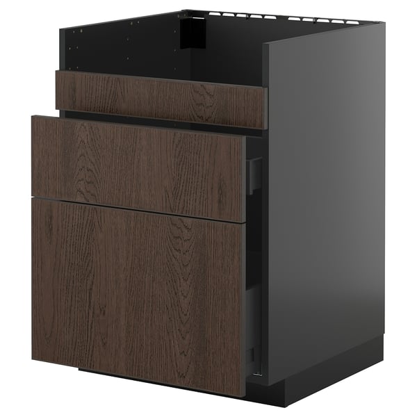 Modern kitchen with dark wood METOD drawers.