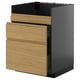 Modern kitchen cabinet with black body and oak drawers. Three drawers; minimalist design.