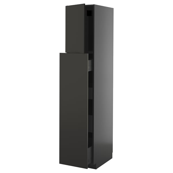 Black glass cabinet, two drawers, angled view, modern sleek design.