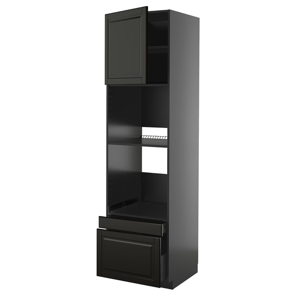 Black METOD kitchen unit with sleek, modern design, featuring a door and drawer with beveled edges, and three adjustable shelves.