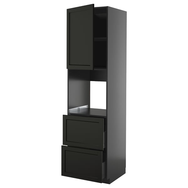 Black kitchen cabinet with glass door, two drawers, and adjustable shelf. Modern design, sturdy construction.