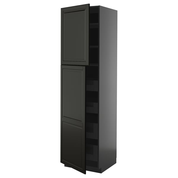 Black METOD cabinet, tall with two doors and shelves, sleek design.