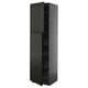 Black METOD cabinet, tall with two doors and shelves, sleek design.