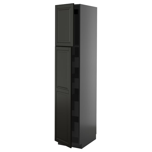 Black METOD kitchen cabinet with beveled edges and two doors.