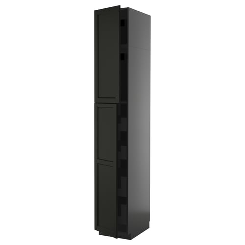 A black METOD kitchen cabinet with lerhyttan fronts and beveled edges. It has a tall, rectangular shape with multiple shelves inside.