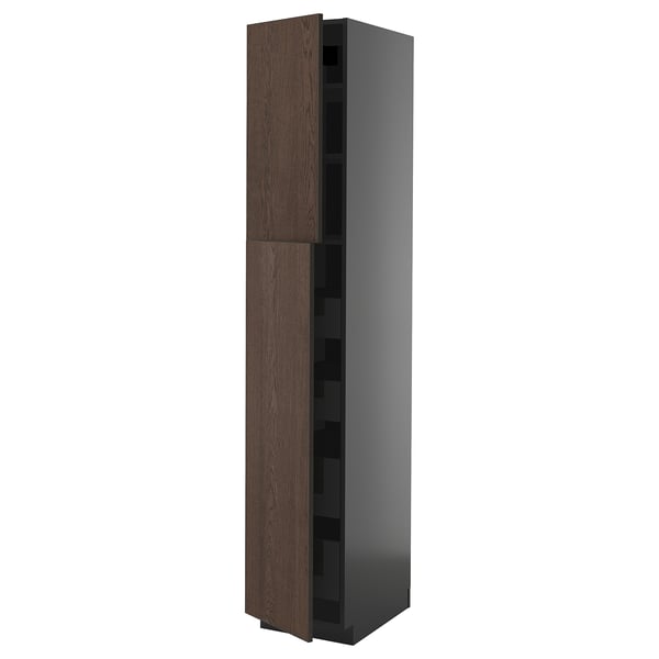 A tall, gray METOD kitchen cabinet with dark brown wooden doors featuring solid wood edging.