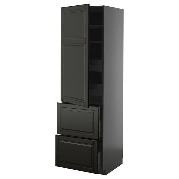 Black, tall kitchen cabinet with two drawers and adjustable shelves.