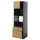 Modern black and oak kitchen cabinet with open shelves and drawers.