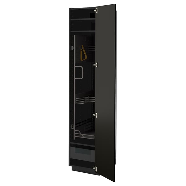 Black METOD kitchen cabinet with beveled edges, open doors revealing adjustable shelves and drawers.