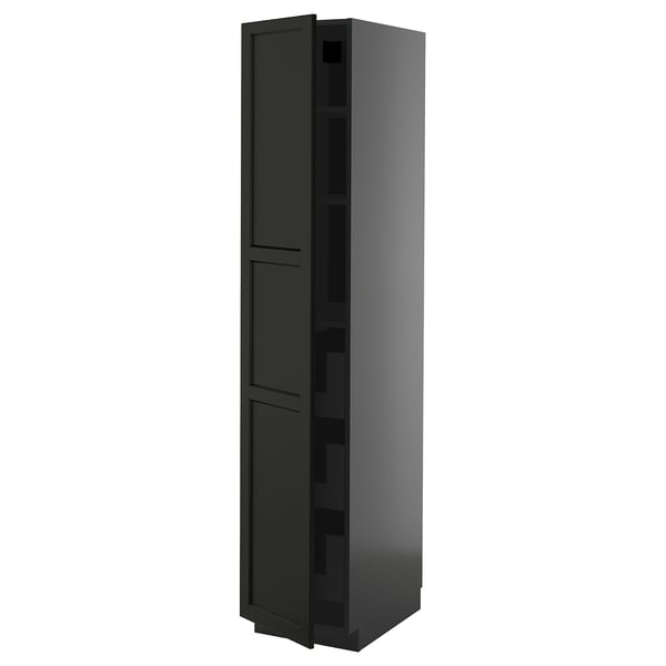 Black METOD kitchen cabinet, tall with two doors, bevelled edges, ash finish, modern design.