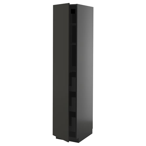 Dark grey, tall, narrow kitchen cabinet with a sleek modern look and hidden storage.
