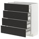 Modern kitchen unit with four black drawers and white frame. Offers sleek, organised storage.