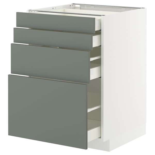 Modern gray-green kitchen cabinet unit with five drawers on white frame.