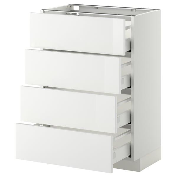 A white METOD kitchen cabinet with four pull-out drawers in a glossy finish. The design is sleek and modern, ideal for organised storage.