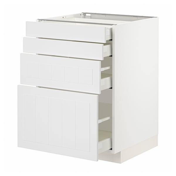White METOD kitchen cabinet with three drawers and two doors, modern design.