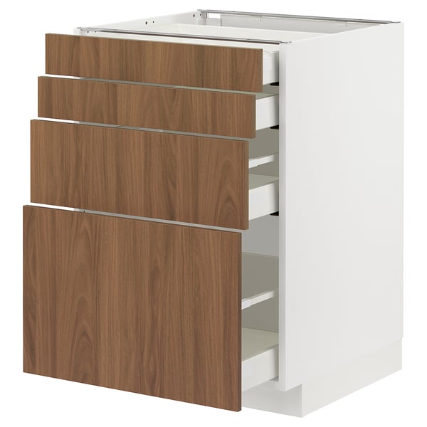 White METOD kitchen cabinet with walnut drawers, modern design.