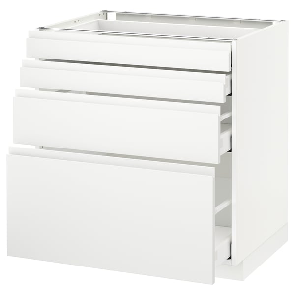 A white modet cabinet with multiple drawers. It has a sleek, modern design with integrated handles.