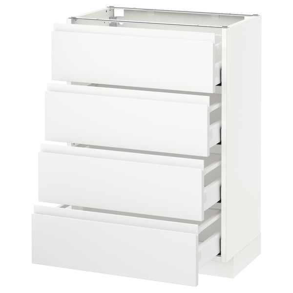 A white METOD kitchen cabinet with four integrated drawers in a modern minimalist design.