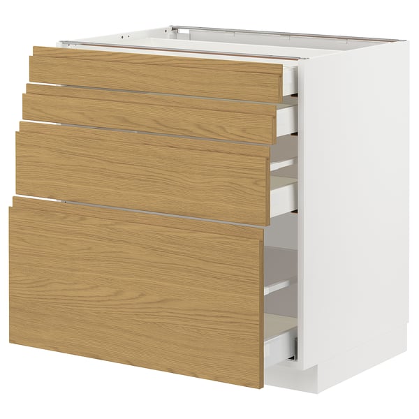 Modern white and oak kitchen cabinet with multiple drawers.