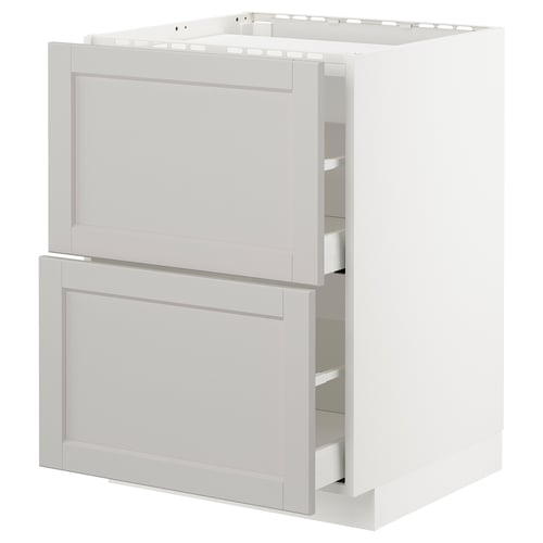 White METOD kitchen cabinet with bevelled drawers and shelves.