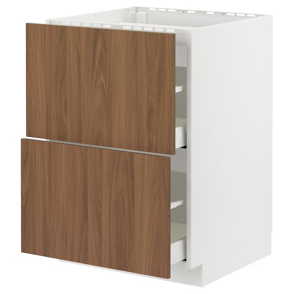 Modern white METOD kitchen cabinet with walnut drawers, sleek design, smooth drawers.