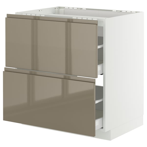 Modern kitchen unit: white METOD base with 2 smooth dark gray-brown drawers, sleek handles, sturdy & elegant.