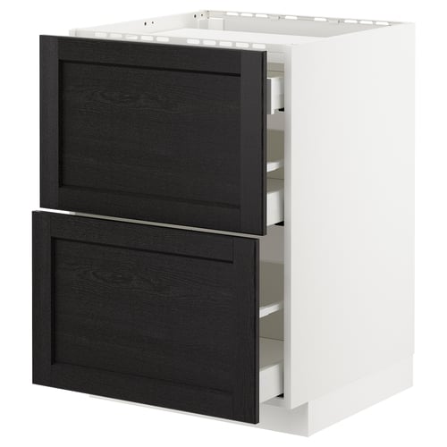 White kitchen cabinet with black drawers, traditional design.
