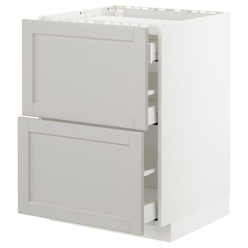 White METOD kitchen cabinet with two open drawers, classic design, wooden material.