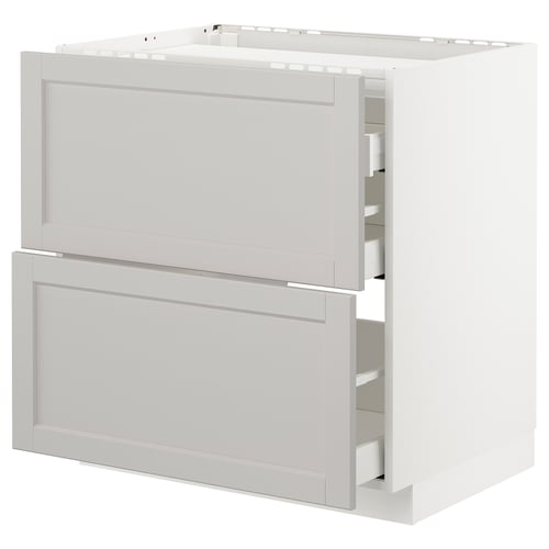 White METOD kitchen cabinet with grey lerhyttan drawers, bevelled edges, self-closing drawers.