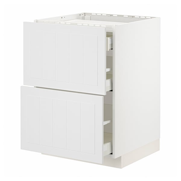 A white METOD kitchen cabinet with two drawers featuring a vertical wood panel design.