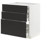 Modern ikea METOD kitchen cabinet with three black matt nickebo pull-out drawers. White base, smooth-running drawers.