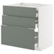 Modern grey-green kitchen cabinet with three pull-out drawers, minimalist design.