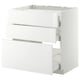 A white METOD kitchen cabinet with three drawers, a sleek modern design, and high-gloss finish.