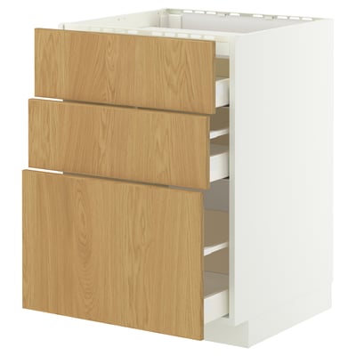 White METOD cabinet with oak drawers, 3 large pull-outs for kitchen storage.