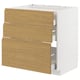 Woodgrain white kitchen cabinet with three wooden drawers.