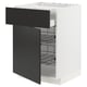 Modern kitchen cabinet in white with black drawer, metallic shelves, sleek design.