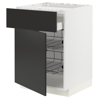 Modern kitchen cabinet in white with black drawer, metallic shelves, sleek design.